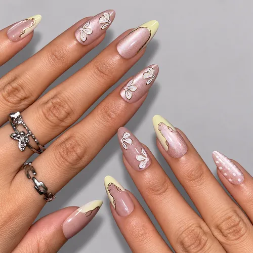Butterfly Flower White Gold Foil French Almond Press-On Nails