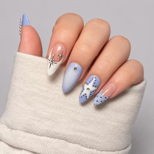 Blue Ombré Star Rhinestone French Almond Press-On Nails