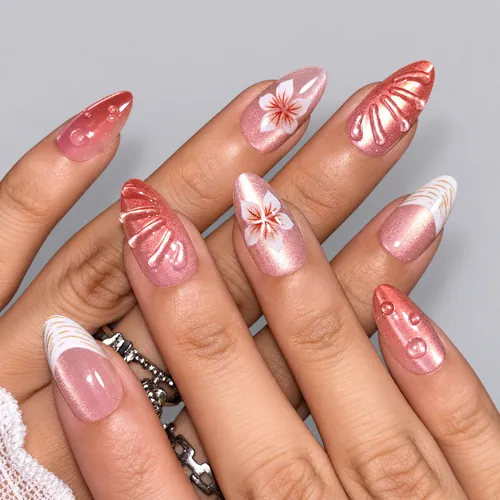 Coral Flower Shell-Texture French Cat Eye Press-On Nails