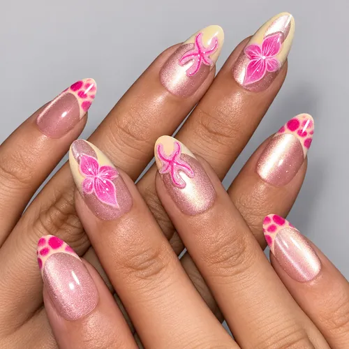 3D Gel Flower French Cat Eye Short Almond Press-On Nails