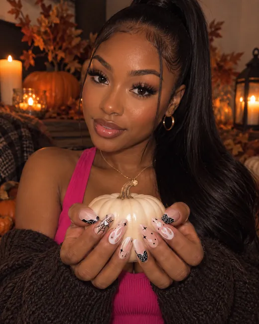 Styled look wearing NL-498617 Pink Spider and Heart Ombré Halloween Cat Eye Press-On Nails