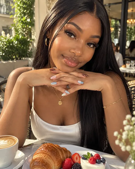 Styled look wearing NL-902831 Sheer Nude Cat Eye Short Press-On Nails
