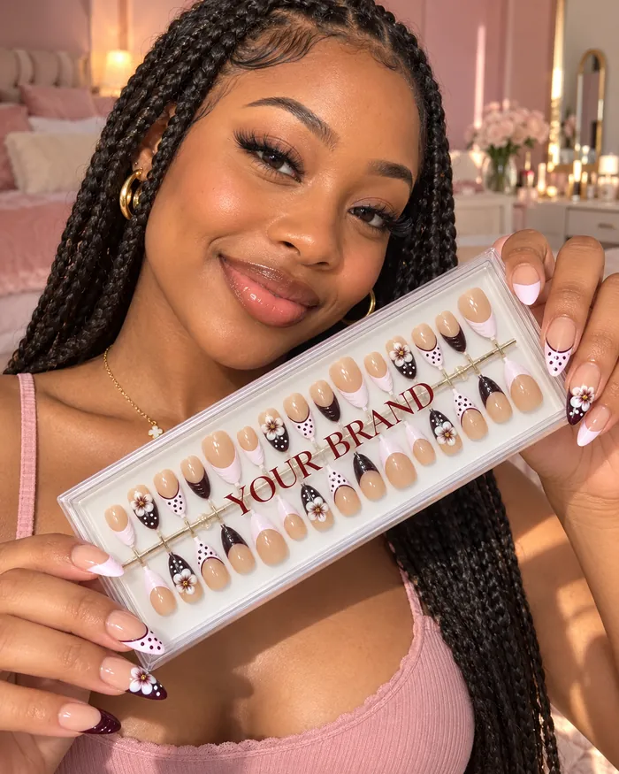 Styled look holding press-on nails in branded packaging