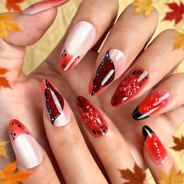 3D Gel Maple Leaf Cat Eye Almond Press-On Nails