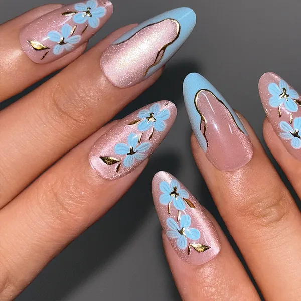 Blue Ombré French Cat Eye Almond Press-On Nails
